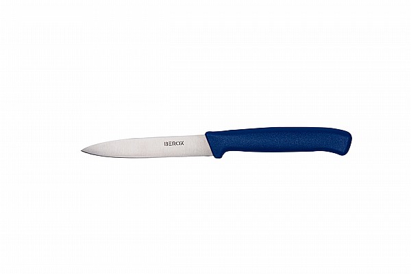 סכין ירקות חלקה 11 ס"מ, להב שפיץ, ידית כחולה | BEROX
