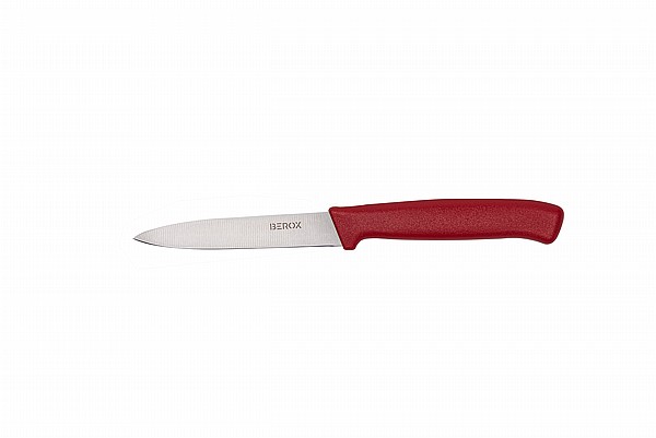 סכין ירקות חלקה 11 ס"מ, להב שפיץ, ידית אדומה | BEROX