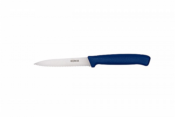 סכין ירקות משוננת 11 ס"מ, להב שפיץ, ידית כחולה| BEROX