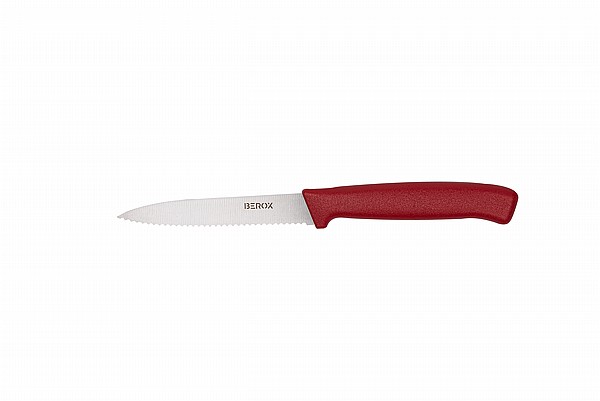 סכין ירקות משוננת 11 ס"מ, להב שפיץ, ידית אדומה | BEROX